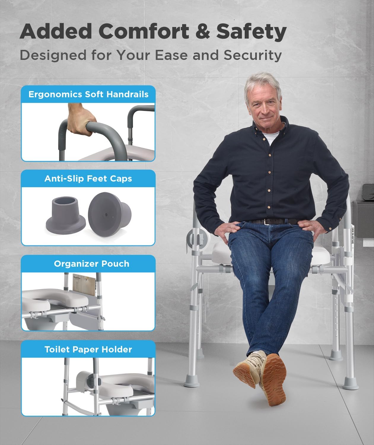 Bedside Commode for Seniors, FSA/HSA Eligible Bedside Toilet with Adjustable Width and Height, 400 LBS Weight Capacity, 16.5 Inch Extra Large Soft Seat Plate