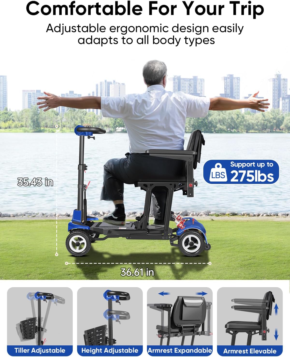 Mobility Scooter for Adults, Seniors - 37.5 lbs Ultra Lightweight Folding Mobility Scooters for Seniors Airport Approved, All Terrain 4 Wheel Motorized Scooter for Travel, 275 lbs Capacity, Blue