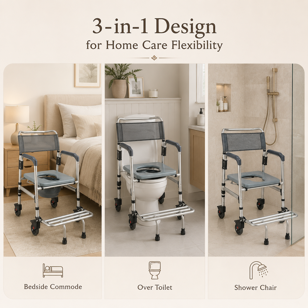 DeepTita 3-in-1 Rolling Bedside Commode Chair