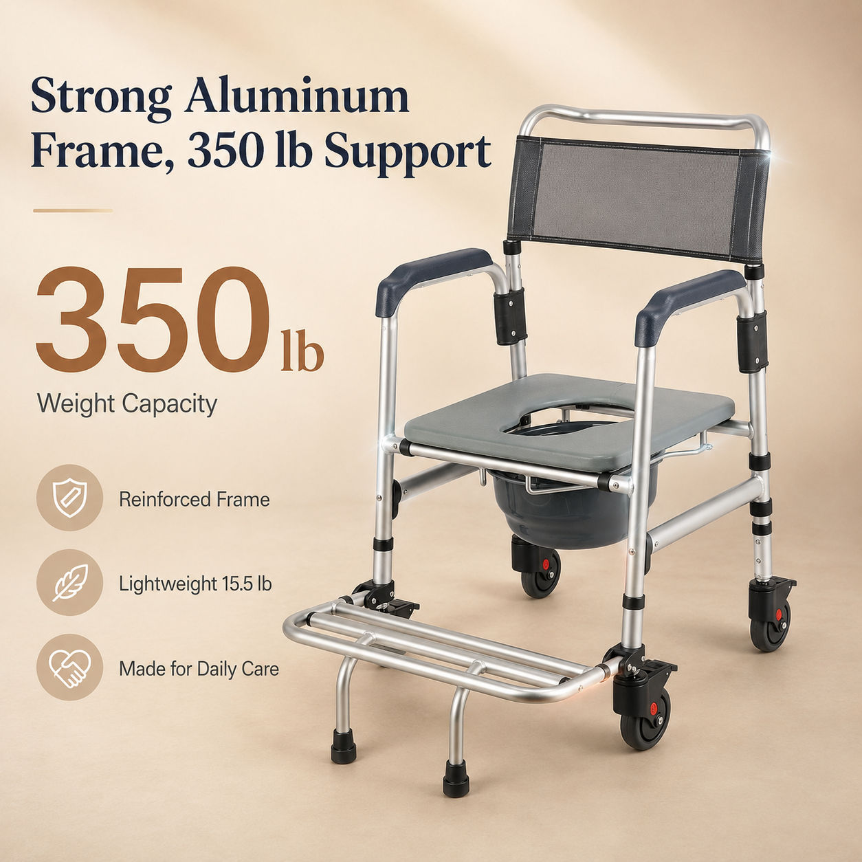 DeepTita 3-in-1 Rolling Bedside Commode Chair