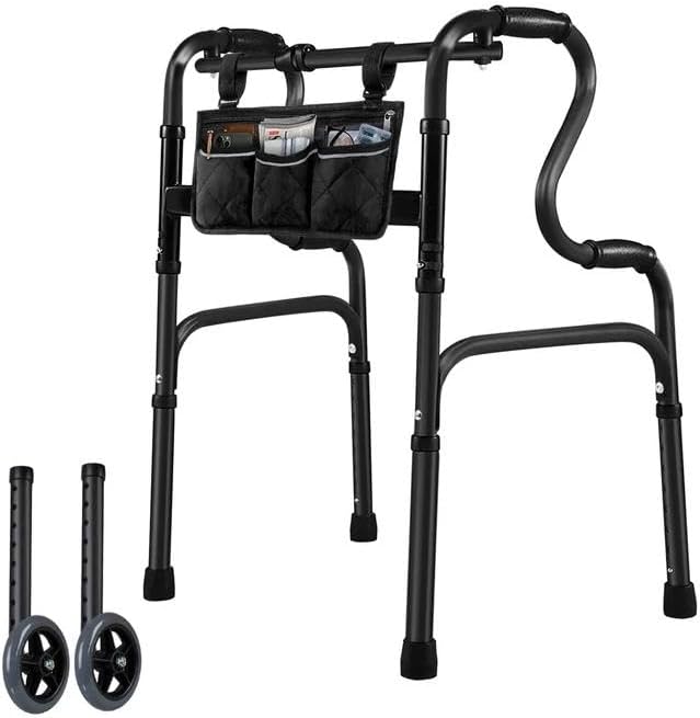 Deeptita Stepped Handrail Walker with 6-inch Bearings Wheels - Aluminum Foldable Walkers for Seniors, 8-Level Height Adjustable Walkers for Elderly, Lightweight Folding Walker with Small Bag, Silver