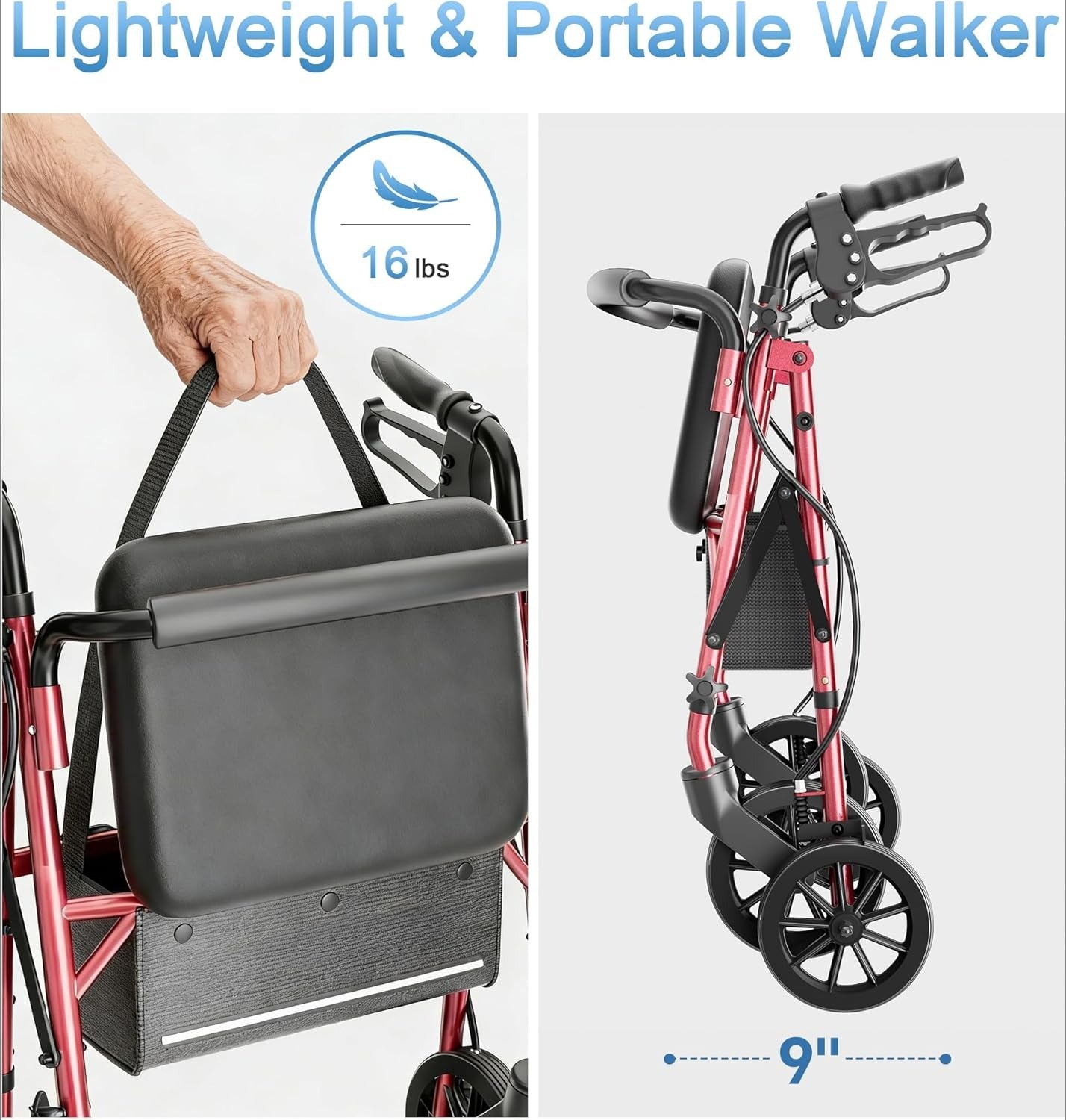 Walkers for Seniors with Seat, Lightweight 16 Pounds Folding Rolling Walker with 6-Inch Puncture-Resistant Wheel, 5-Level Height Adjustable, 300 lb Weight Capacity