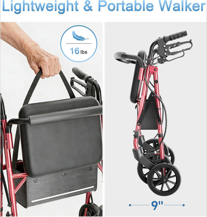 Walkers for Seniors with Seat, Lightweight 16 Pounds Folding Rolling Walker with 6-Inch Puncture-Resistant Wheel, 5-Level Height Adjustable, 300 lb Weight Capacity
