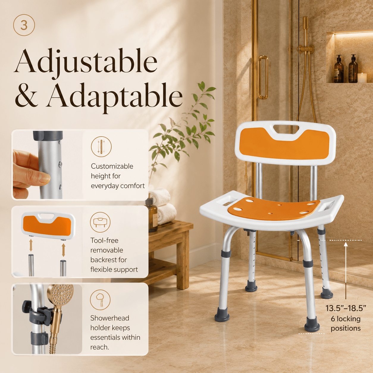 DeepTita Adjustable Shower Chair, Bath, 13.5-18.5", 300lb for modern home mobility, recovery, and everyday confidence