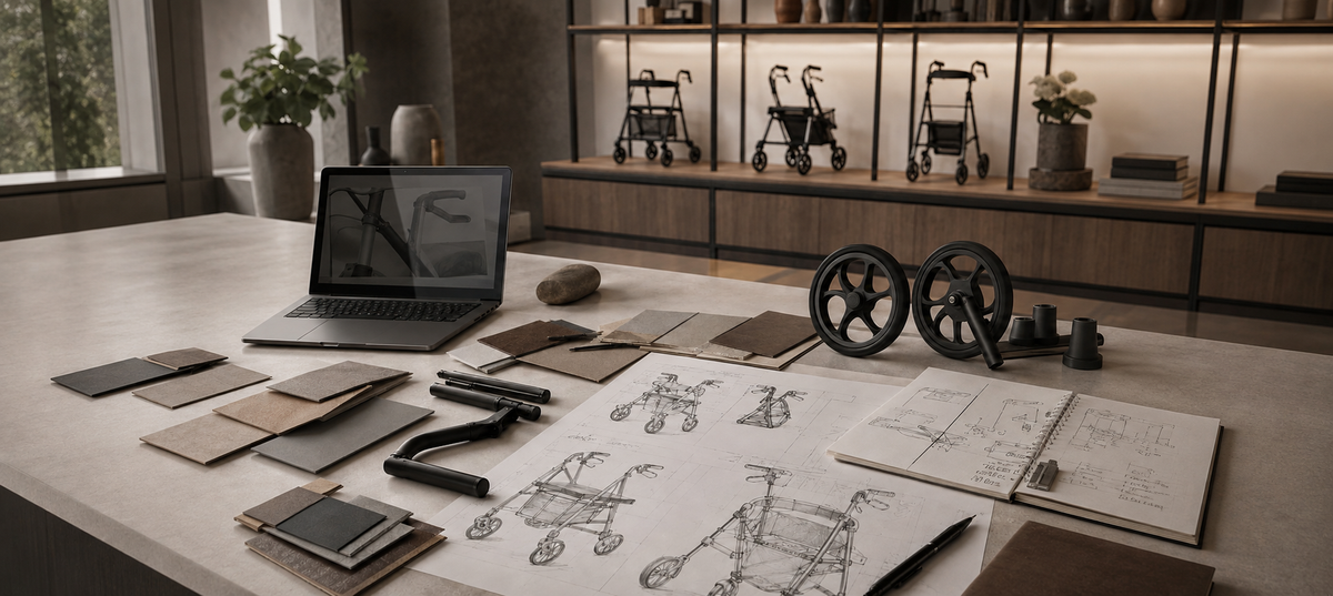 Rollator sketches, wheels and material samples on a design studio worktable