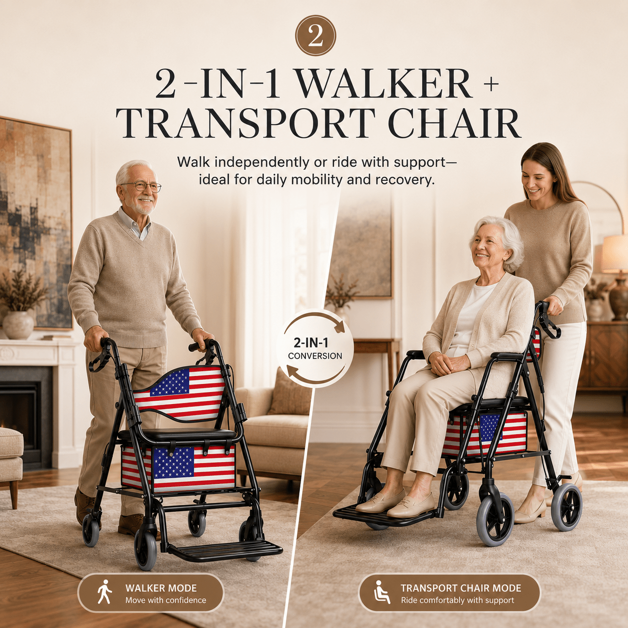 DeepTita 2-in-1 Rollator Walker & Transport Chair for Seniors for modern home mobility, recovery, and everyday confidence