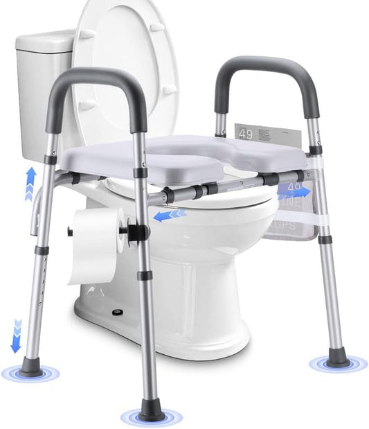 Raised Toilet Seat with Handles, Toilet Seat Riser for Seniors with Adjustable Height & Width, Cozy Padded 500lb Handicap Toilet Seat for Elderly, Surgery, Pregnant, Fit Any Toilet, Assist Getting Up