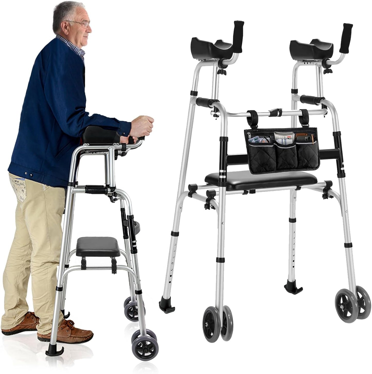 Deeptita Stepped Handrail Walker with 6-inch Bearings Wheels - Aluminum Foldable Walkers for Seniors, 8-Level Height Adjustable Walkers for Elderly, Lightweight Folding Walker with Small Bag, Silver