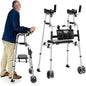 Deeptita Stepped Handrail Walker with 6-inch Bearings Wheels - Aluminum Foldable Walkers for Seniors, 8-Level Height Adjustable Walkers for Elderly, Lightweight Folding Walker with Small Bag, Silver