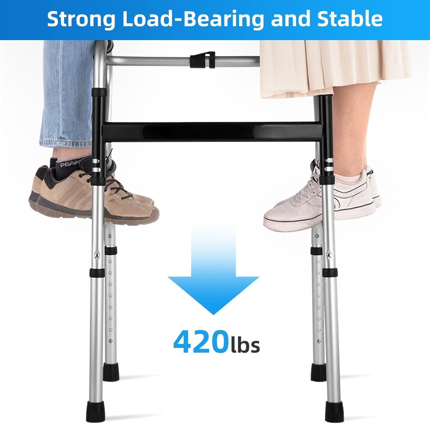 Deeptita Stepped Handrail Walker with 6-inch Bearings Wheels - Aluminum Foldable Walkers for Seniors, 8-Level Height Adjustable Walkers for Elderly, Lightweight Folding Walker with Small Bag, Silver
