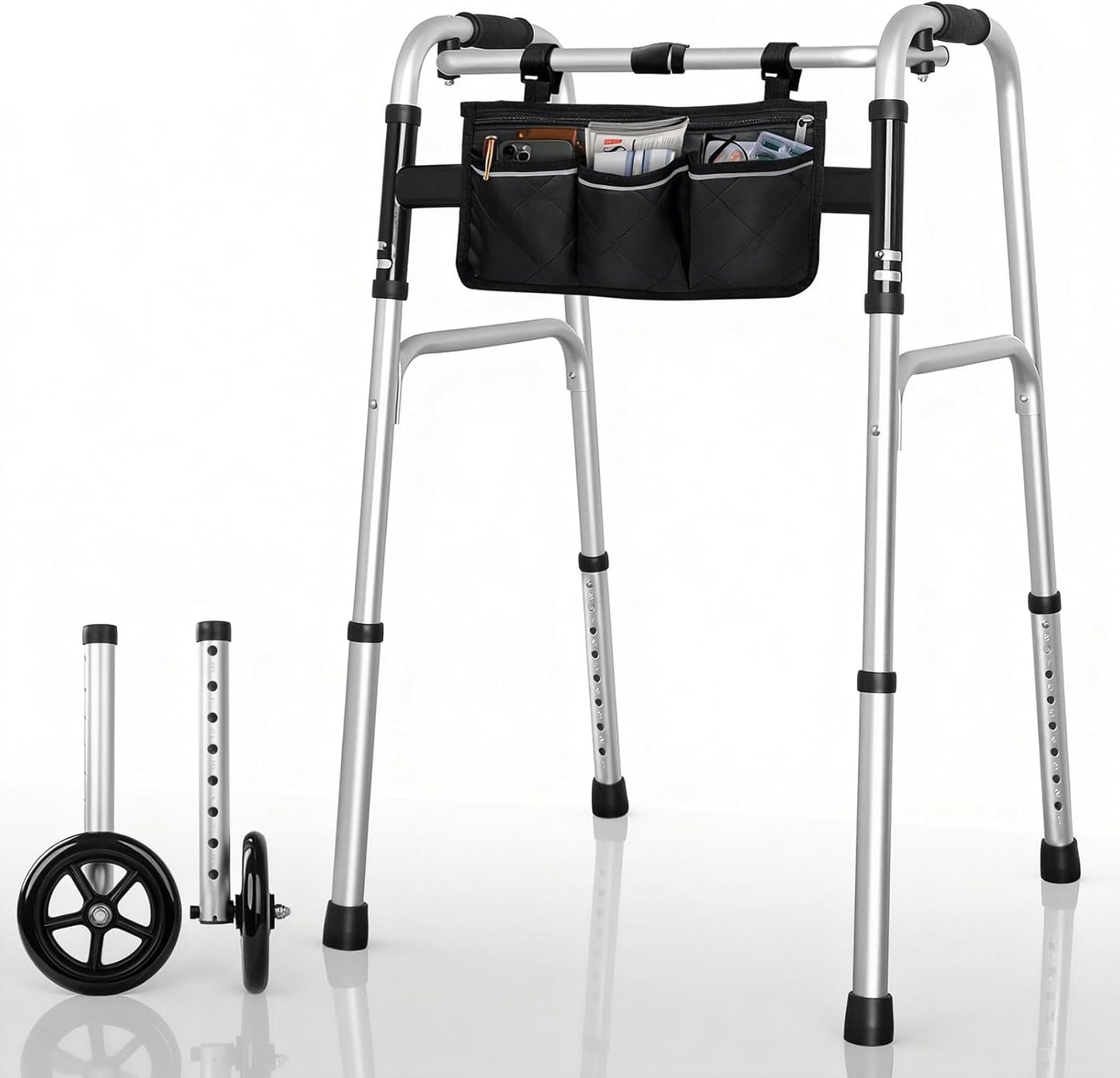 Deeptita Stepped Handrail Walker with 6-inch Bearings Wheels - Aluminum Foldable Walkers for Seniors, 8-Level Height Adjustable Walkers for Elderly, Lightweight Folding Walker with Small Bag, Silver