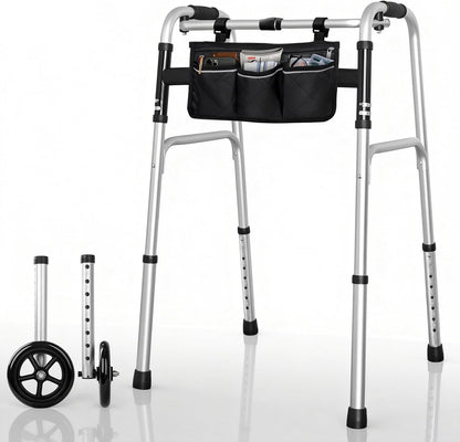 Deeptita Stepped Handrail Walker with 6-inch Bearings Wheels - Aluminum Foldable Walkers for Seniors, 8-Level Height Adjustable Walkers for Elderly, Lightweight Folding Walker with Small Bag, Silver