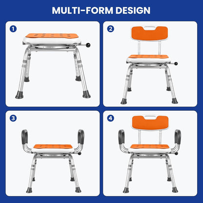 360 Swivel Shower Chair with Arms and Back, Heavy Duty [300 lbs] Padded Bath Seat for Inside Shower, Height Adjustable Rotating Shower Stool for Seniors, Elderly, Disabled & Bariatric Adults, Orange