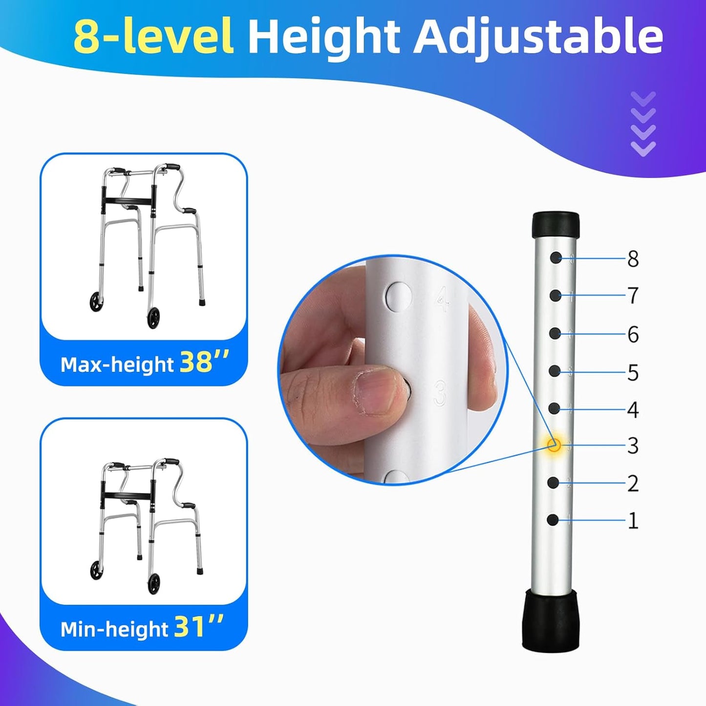 Deeptita Stepped Handrail Walker with 6-inch Bearings Wheels - Aluminum Foldable Walkers for Seniors, 8-Level Height Adjustable Walkers for Elderly, Lightweight Folding Walker with Small Bag, Silver