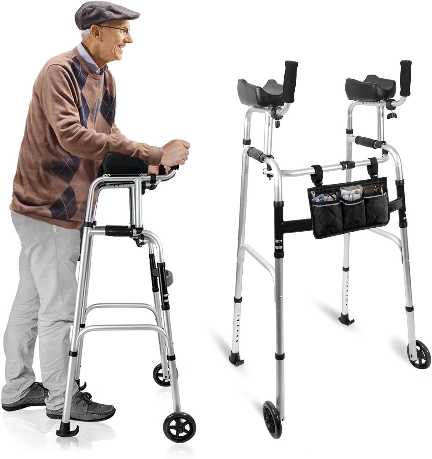 Deeptita Stepped Handrail Walker with 6-inch Bearings Wheels - Aluminum Foldable Walkers for Seniors, 8-Level Height Adjustable Walkers for Elderly, Lightweight Folding Walker with Small Bag, Silver