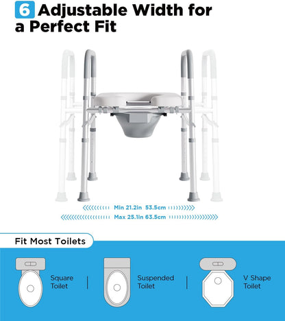 Bedside Commode for Seniors, FSA/HSA Eligible Bedside Toilet with Adjustable Width and Height, 400 LBS Weight Capacity, 16.5 Inch Extra Large Soft Seat Plate