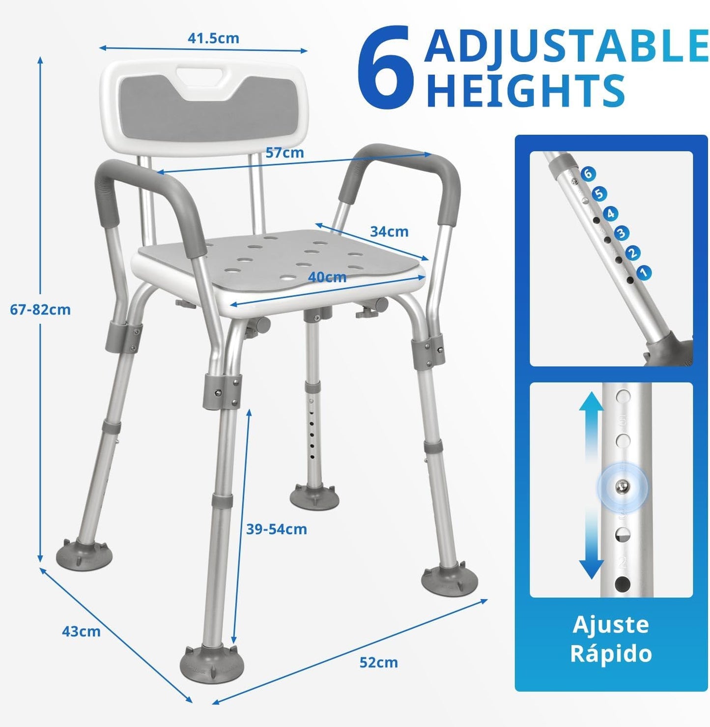 Adjustable Height Adult Shower Chair, Bath Chair, Maximum Load of 150 kg, with Removable Arms, for Elderly People, Pregnant Women, One Leg Injury