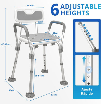 Adjustable Height Adult Shower Chair, Bath Chair, Maximum Load of 150 kg, with Removable Arms, for Elderly People, Pregnant Women, One Leg Injury