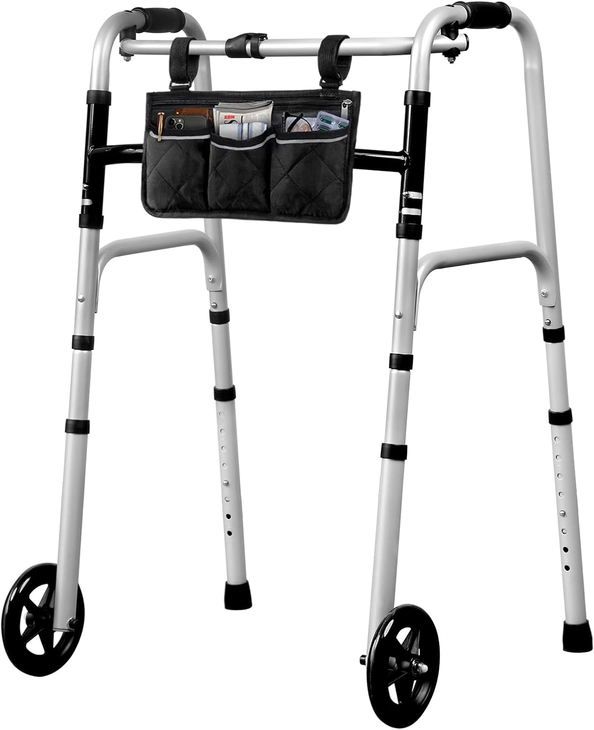 Deeptita Stepped Handrail Walker with 6-inch Bearings Wheels - Aluminum Foldable Walkers for Seniors, 8-Level Height Adjustable Walkers for Elderly, Lightweight Folding Walker with Small Bag, Silver