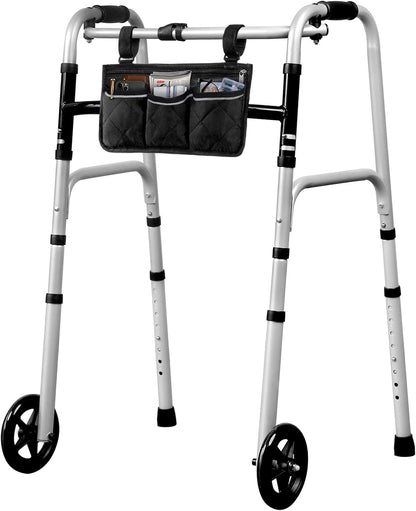 Deeptita Stepped Handrail Walker with 6-inch Bearings Wheels - Aluminum Foldable Walkers for Seniors, 8-Level Height Adjustable Walkers for Elderly, Lightweight Folding Walker with Small Bag, Silver