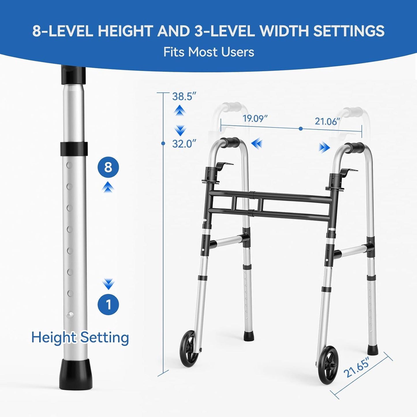 Deeptita Folding Walkers for Seniors, Medical Bariatric Walker Lightweight 5'' Front Wheel Walker Height and Width Adjustable Aluminum Standard Walker for Handicap