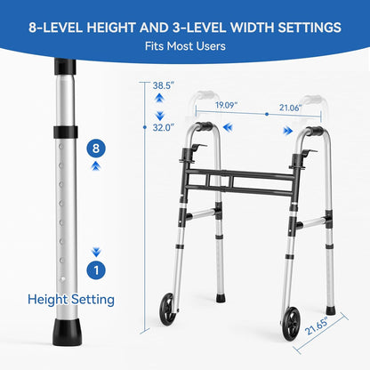 Deeptita Folding Walkers for Seniors, Medical Bariatric Walker Lightweight 5'' Front Wheel Walker Height and Width Adjustable Aluminum Standard Walker for Handicap