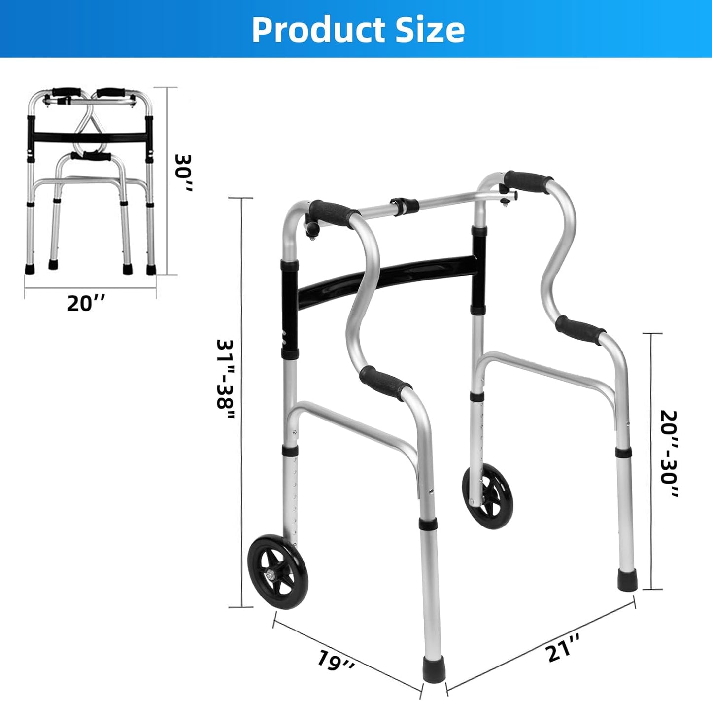 Deeptita Stepped Handrail Walker with 6-inch Bearings Wheels - Aluminum Foldable Walkers for Seniors, 8-Level Height Adjustable Walkers for Elderly, Lightweight Folding Walker with Small Bag, Silver