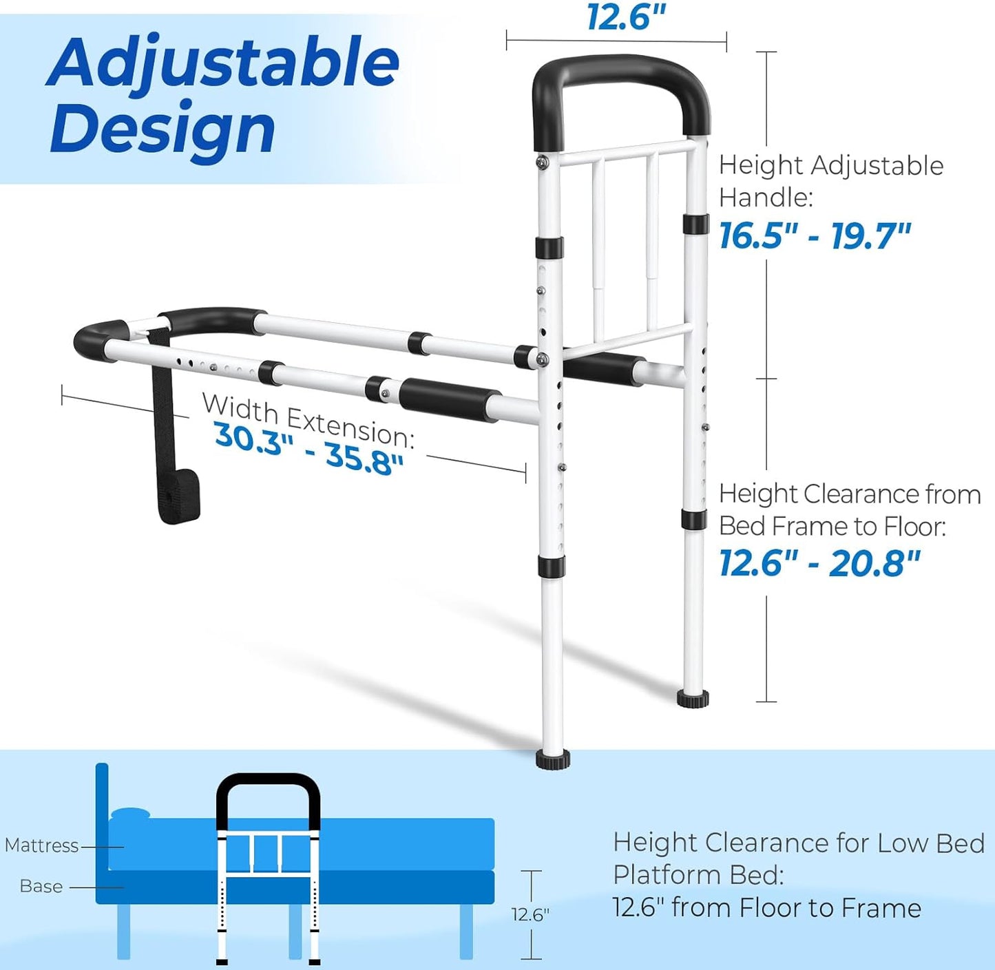 DEEPTITA Bed Rails for Elderly Adults Safety - ASTM Approved Adjustable Bed Cane Supports 350LBS with Non-Slip Grip & Storage Pocket, Stable Bed Assist Rails for Seniors, Tool-Free