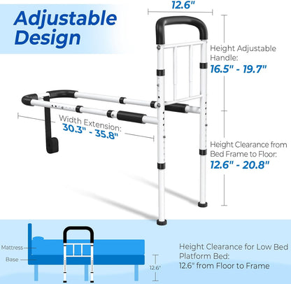 DEEPTITA Bed Rails for Elderly Adults Safety - ASTM Approved Adjustable Bed Cane Supports 350LBS with Non-Slip Grip & Storage Pocket, Stable Bed Assist Rails for Seniors, Tool-Free