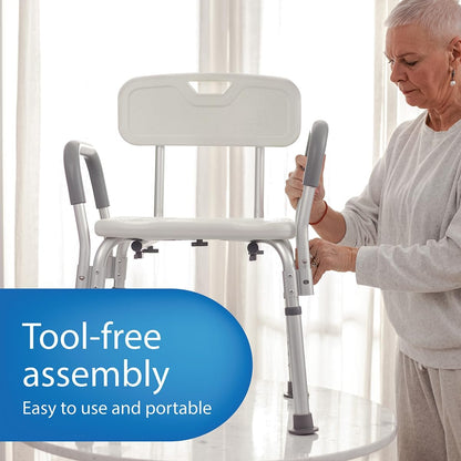 Medline Shower Chair Seat with Padded Armrests and Back, Heavy Duty Shower Stool for Bathtub, Slip Resistant Shower Seat with Adjustable Height, Shower Bench for Inside Shower with 350 lb Capacity
