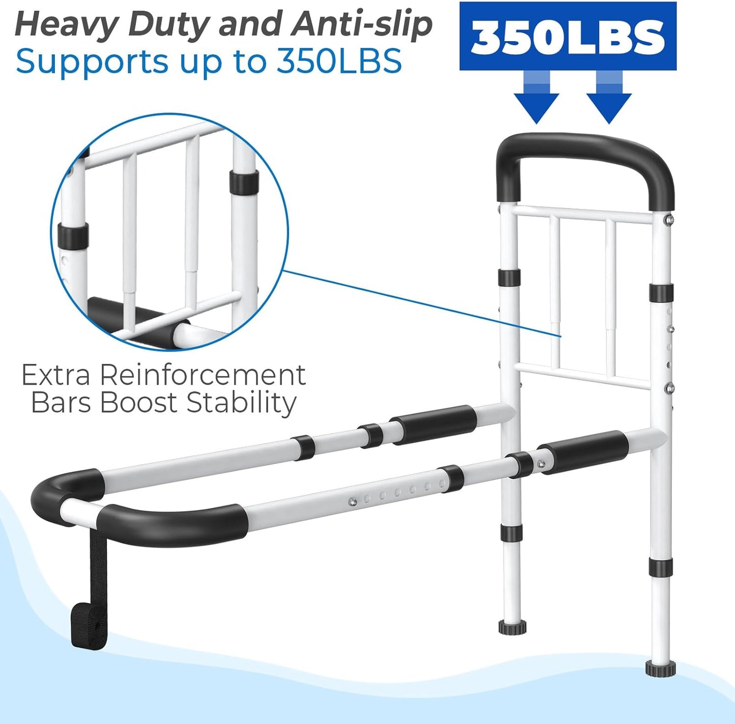 DEEPTITA Bed Rails for Elderly Adults Safety - ASTM Approved Adjustable Bed Cane Supports 350LBS with Non-Slip Grip & Storage Pocket, Stable Bed Assist Rails for Seniors, Tool-Free