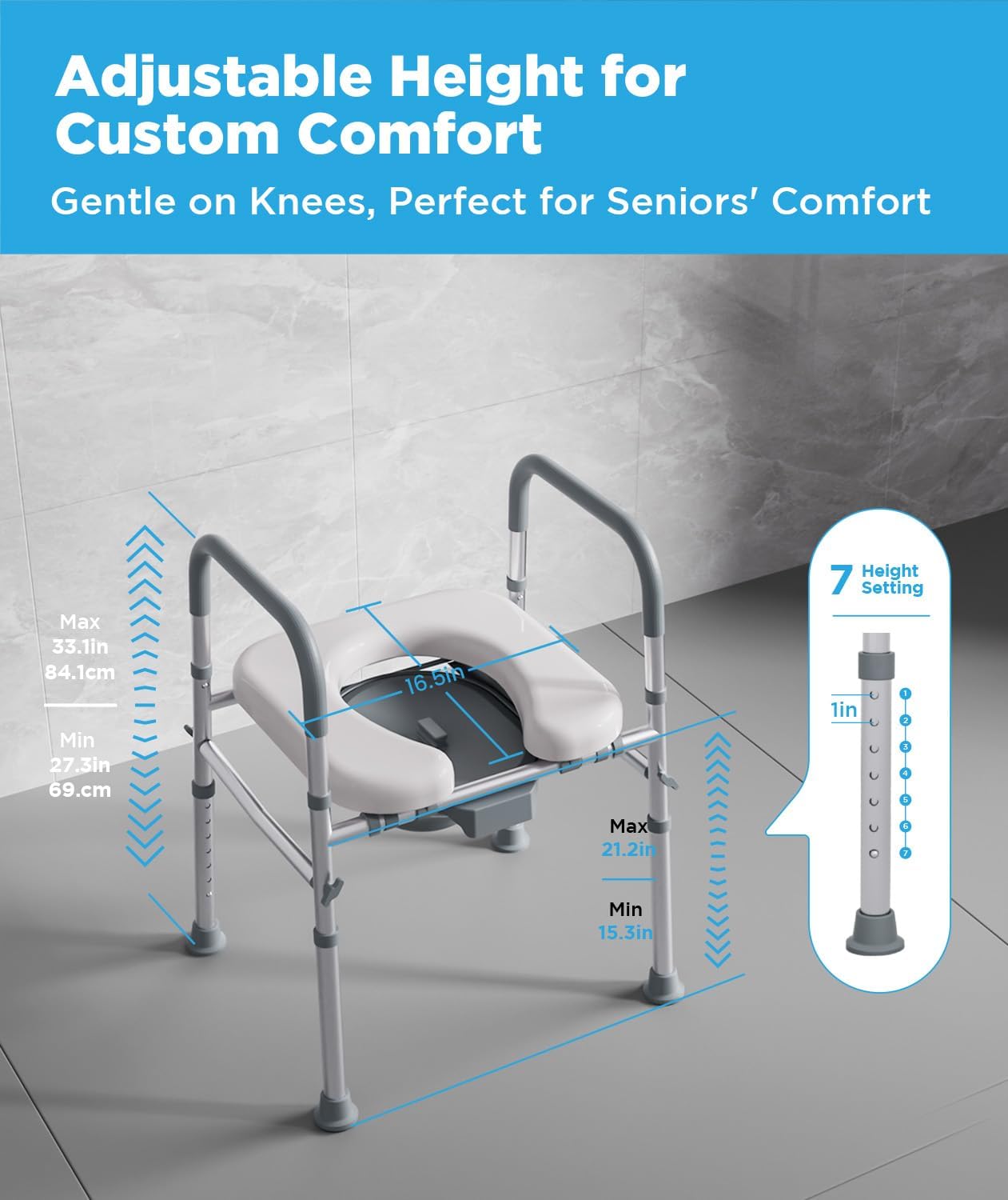Bedside Commode for Seniors, FSA/HSA Eligible Bedside Toilet with Adjustable Width and Height, 400 LBS Weight Capacity, 16.5 Inch Extra Large Soft Seat Plate