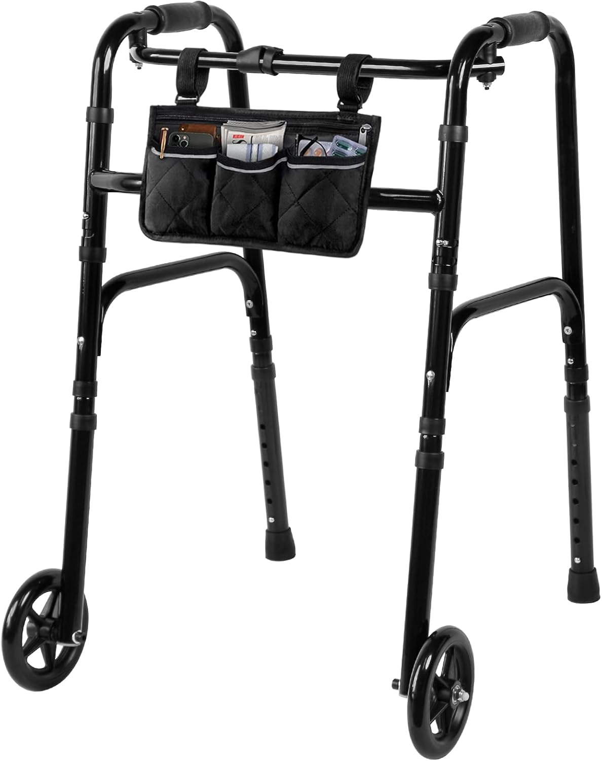 Deeptita Stepped Handrail Walker with 6-inch Bearings Wheels - Aluminum Foldable Walkers for Seniors, 8-Level Height Adjustable Walkers for Elderly, Lightweight Folding Walker with Small Bag, Silver