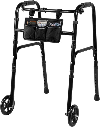 Deeptita Stepped Handrail Walker with 6-inch Bearings Wheels - Aluminum Foldable Walkers for Seniors, 8-Level Height Adjustable Walkers for Elderly, Lightweight Folding Walker with Small Bag, Silver