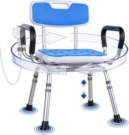 360 Swivel Shower Chair with Arms and Back, Heavy Duty [300 lbs] Padded Bath Seat for Inside Shower, Height Adjustable Rotating Shower Stool for Seniors, Elderly, Disabled & Bariatric Adults, Orange