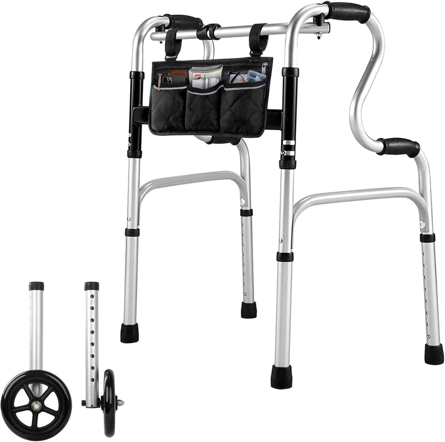 Deeptita Stepped Handrail Walker with 6-inch Bearings Wheels - Aluminum Foldable Walkers for Seniors, 8-Level Height Adjustable Walkers for Elderly, Lightweight Folding Walker with Small Bag, Silver