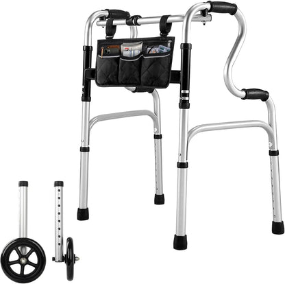Deeptita Stepped Handrail Walker with 6-inch Bearings Wheels - Aluminum Foldable Walkers for Seniors, 8-Level Height Adjustable Walkers for Elderly, Lightweight Folding Walker with Small Bag, Silver