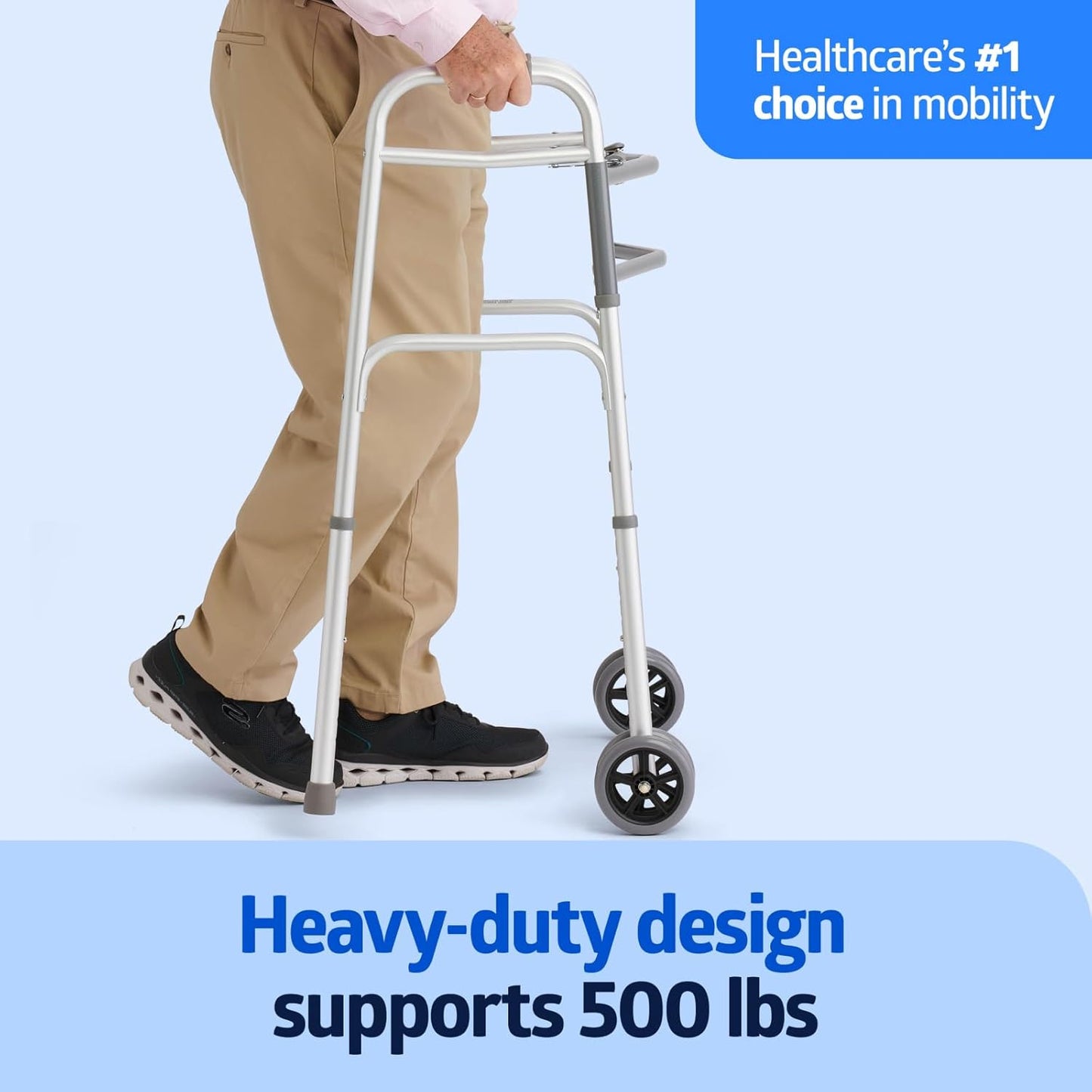 Andador plegable bariátrico de alta resistencia Medline Deeptita con ruedas de 5" y mangos duraderos, capacidad de peso de 500 lb.