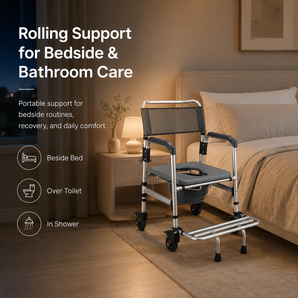 DeepTita 3-in-1 Rolling Bedside Commode Chair