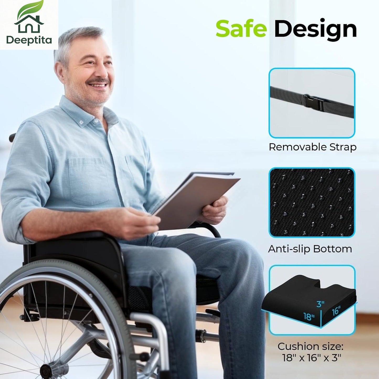 DEEPTITA Gel Wheelchair Seat Cushion, Relieve Sciatica, Back, Coccyx, Pressure Sore and Ulcer Pain, Refreshing Ergonomic Chair Cushion with Waterproof Silk Fabric, Anti-Slip Cover
