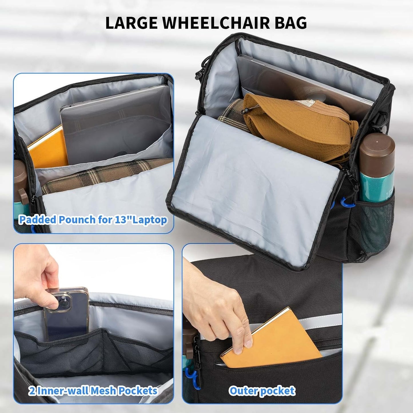 DEEPTITA Wheelchair Bags, Wheelchair Backpack with Cup Holder, Wheelchair Bags to Hang on Back, Electric Wheelchair Accessories, Large Storage Bag for Walker Rollator