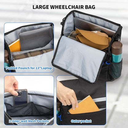 DEEPTITA Wheelchair Bags, Wheelchair Backpack with Cup Holder, Wheelchair Bags to Hang on Back, Electric Wheelchair Accessories, Large Storage Bag for Walker Rollator