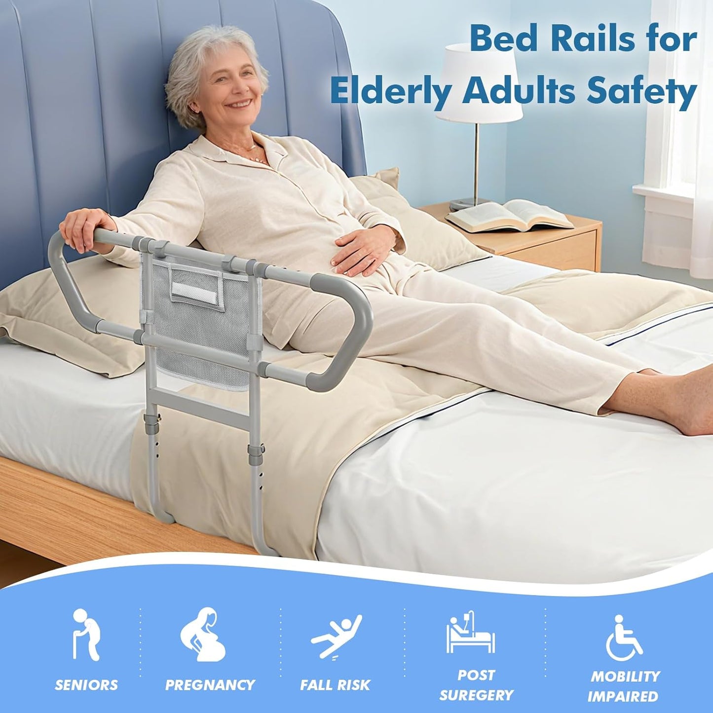Bed Rails for Elderly Adults Safety, 2026 Upgraded & ASTM Compliant Adjustable Bed Cane with Ergonomic Non-Slip Handle, Storage Pocket, Motion Sensor Night Light,400 LB Support, Tool-Free Assembly