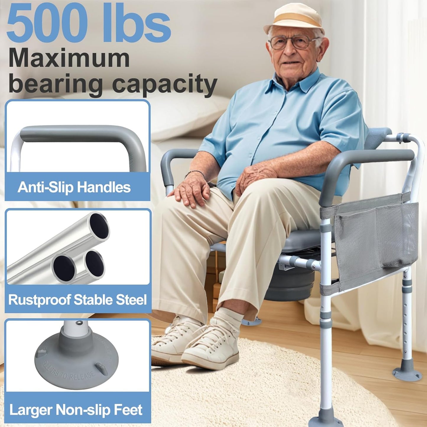 DEEPTITA Heavy Duty Bedside Commode, 500lbs Extra-Wide Bariatric Commode Chair for Adults & Seniors, Portable Toilet Seat with Arms, Adjustable Potty Chair Bucket with Lid, Tool-Free Assembly