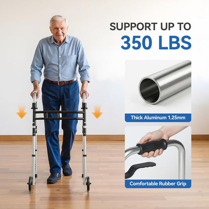 Deeptita Folding Walkers for Seniors, Medical Bariatric Walker Lightweight 5'' Front Wheel Walker Height and Width Adjustable Aluminum Standard Walker for Handicap