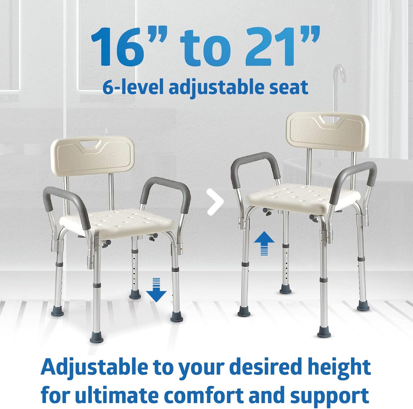 Medline Shower Chair Seat with Padded Armrests and Back, Heavy Duty Shower Stool for Bathtub, Slip Resistant Shower Seat with Adjustable Height, Shower Bench for Inside Shower with 350 lb Capacity