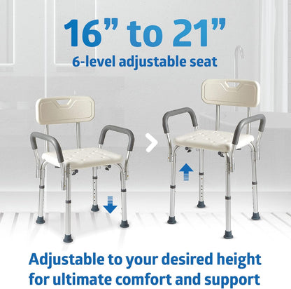 Medline Shower Chair Seat with Padded Armrests and Back, Heavy Duty Shower Stool for Bathtub, Slip Resistant Shower Seat with Adjustable Height, Shower Bench for Inside Shower with 350 lb Capacity