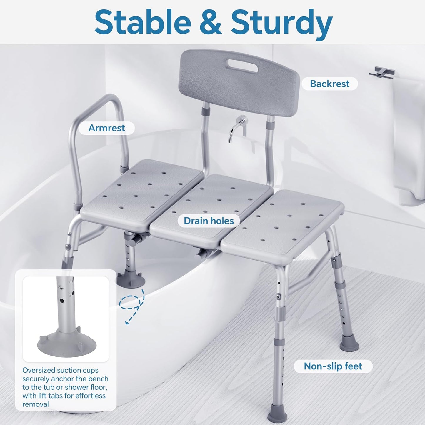 DEEPTITA Bathtub Transfer Bench, 400 Lbs Heavy Duty Shower Chair with Back, Non-Slip Feet, Height Adjustable Shower Bench for Elderly and Disabled