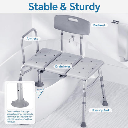 DEEPTITA Bathtub Transfer Bench, 400 Lbs Heavy Duty Shower Chair with Back, Non-Slip Feet, Height Adjustable Shower Bench for Elderly and Disabled