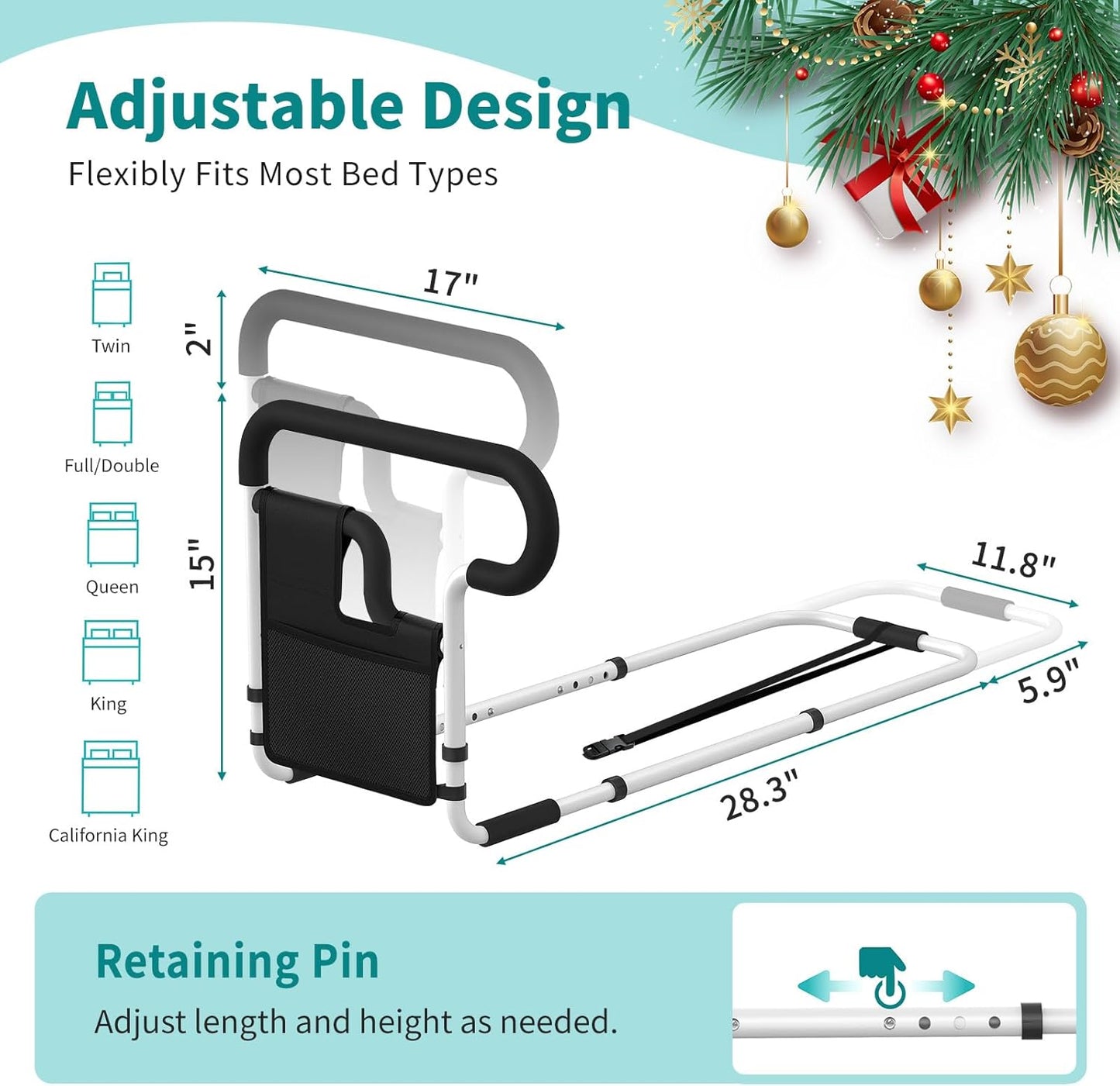 Deeptita Bed Rails for Elderly Adults Safety, Height and Length Adjustable Bed Assist Rail for Senior, Bedrail with 2 Bag & Strap, Help Get in & Out of Bed, Fit Most Bed, Supports 300 lbs, Tool-Free